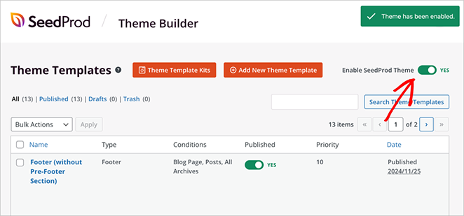 enable-seedprod-WordPress-theme - SeedProd Toggle switch to publish SeedProd custom theme in WordPress